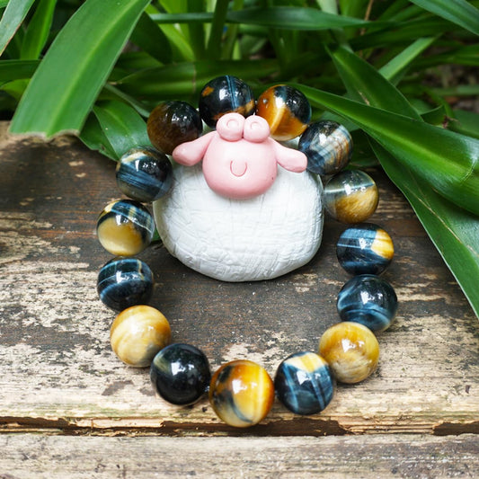 16MM Blue Tigers Eye Bracelet with Gold Eye, Fits for 9" Wrist Men Women | Protection from Evil Gem | Natural Birthstone for June
