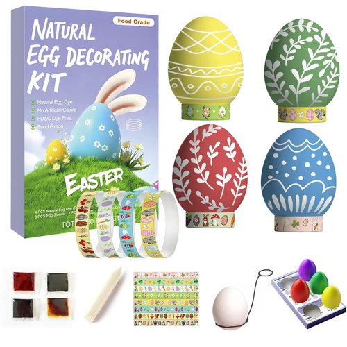 Natural Easter Egg Decorating Kit by [Brand Name] - Non-Toxic 4 Liquid Colors, 6 Holders & 8 Stands