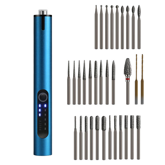 Mini Cordless Electric Engraving Pen with 30 Carving & 2 Drilling & 1 Tungsten Carbide Grinding Rotary Bits for DIY Crafts, USB LED Light 3-Speed Tool Kit for Metal, Wood, Glass, Plastic (Blue)
