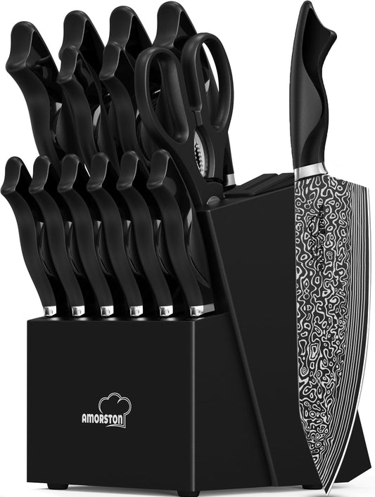 Knife Set, 15 Pieces Kitchen Knife Set with Built in Sharpener, High Carbon German Stainless Steel Knife Block Set, Dishwasher Safe, Mothers Day Gifts