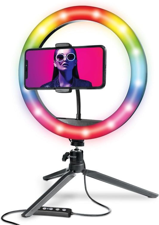 Bower 10 inch 9 12 RGB Selfie Desktop Ring Light Stand Studio Kit - Ultra Wide Range, Colors, Brightness Levels