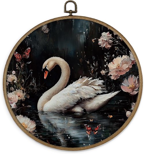 Gnmduw Vintage Moody Swan Wall Art - Framed Floral Canvas Print for Dark Academia Decor | 10x10 In