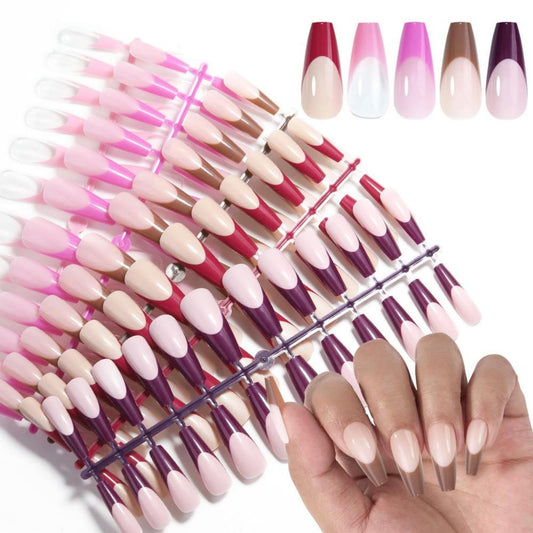 120Pcs Long Coffin Press on Nails Set -French Tips - Colorful False Nail Tips Kits-For Women Manicure DIY 5Colors