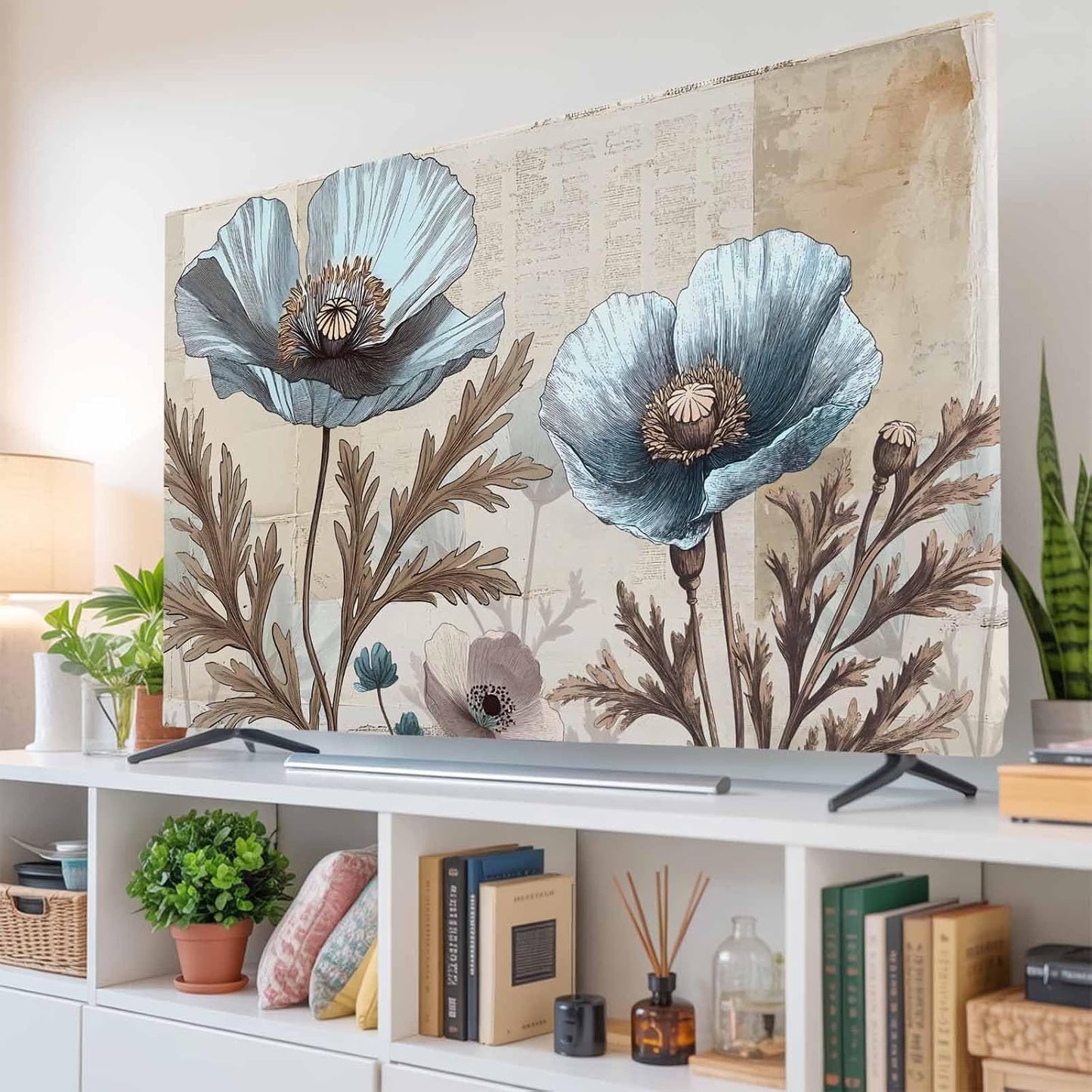 Yukro 75 Inch, 65"x37" Blue Broccoli Indoor TV Dust Cover, Rustic Farmhouse Floral Retro Brown Plant Elastic TV