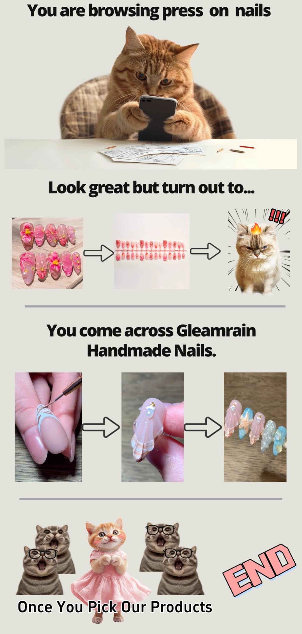 Gleamrain 10pcs Handmade Long Press-on Nails Coffin Shape (M Size) with Designs Nude Press on Nails for Women Suitable for Summer Vacation, Beach Proms, Parties or Daily Wear, D105