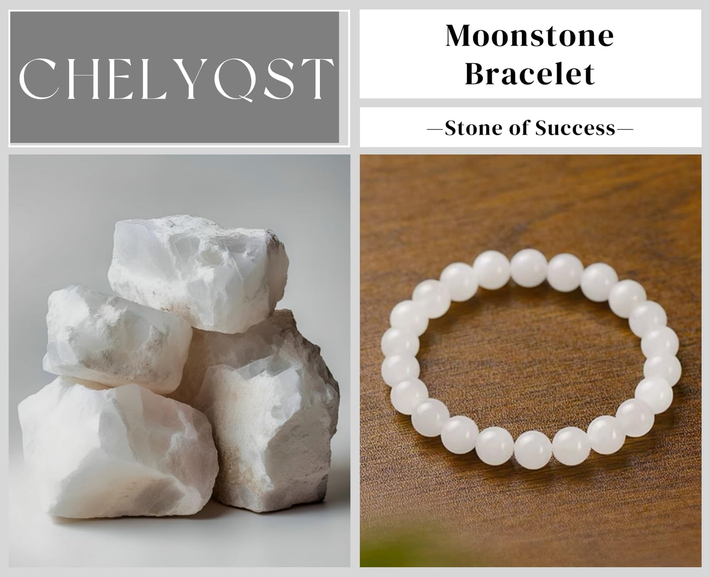 CHELYQST Moon_stone Bracelet - Stone of Success,Stretch Natural Stone Crystal Beads Jewelry Gifts for Women Men Unisex Adult,8mm