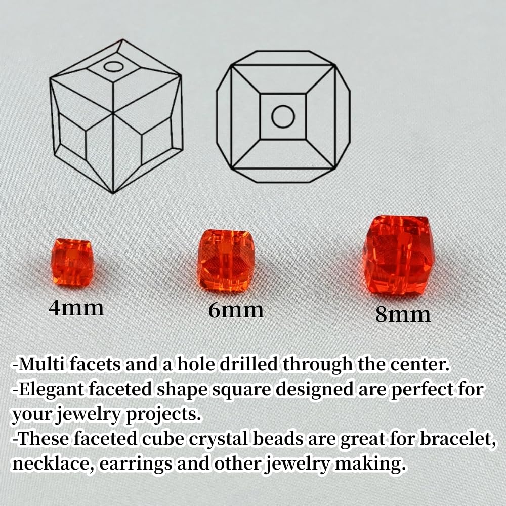 YUEXIGO 200pcs 4mm Cube Crystal Glass Beads for Jewelry Making Faceted Square Crystal Glass Bead Spacer Beads Loose Beads for Bracelet Earring Necklace DIY Craft(OrangeRed)