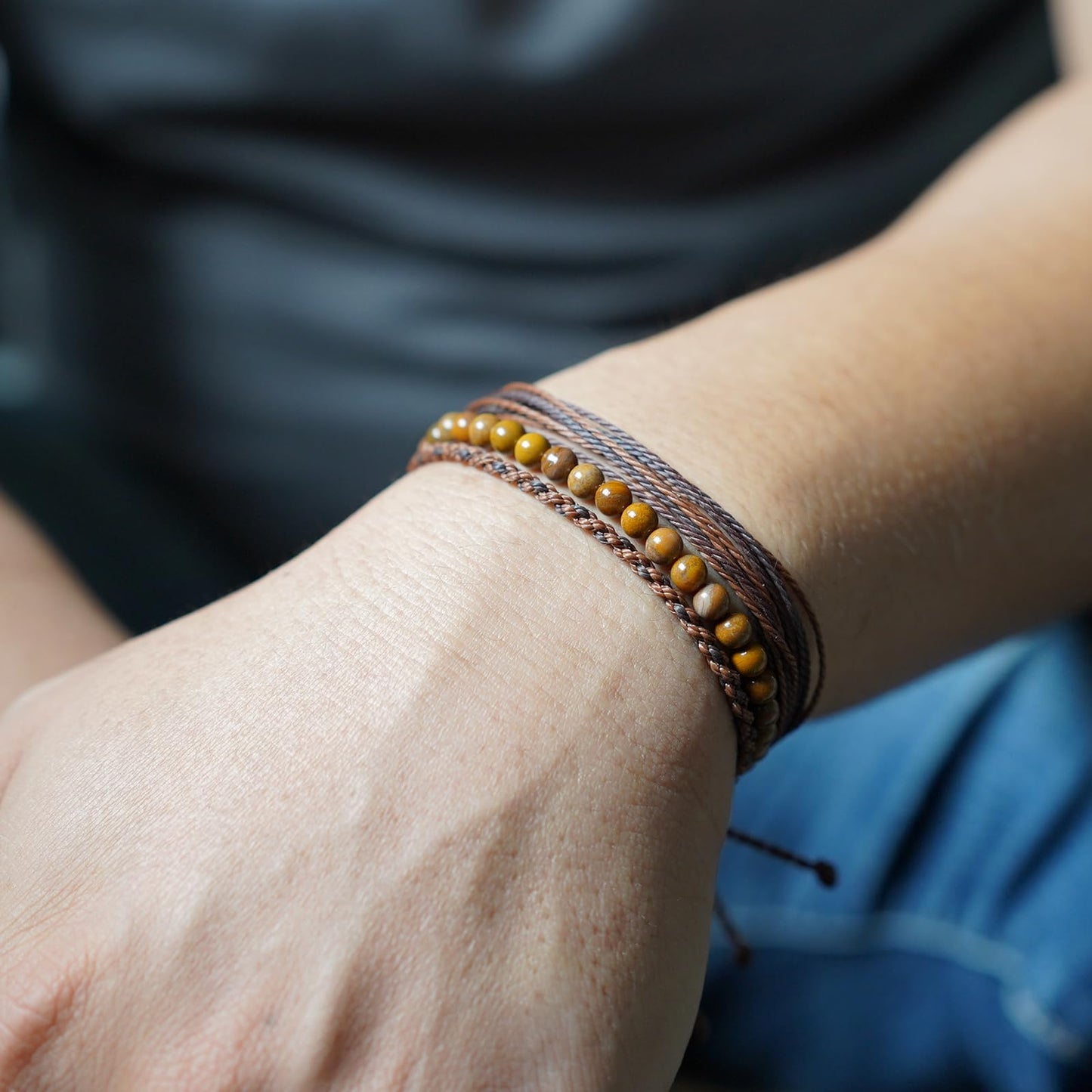 Handmade Natural Stone Beaded Healing Bracelet Gift for Men Adjustable Rope String Bracelet (wooden jasper, Adjustable)
