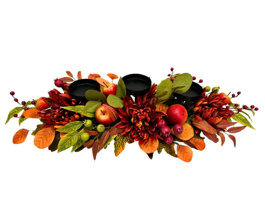 Svndlyn Fall Thanksgiving 3 Candle Holders Centerpiece Harvest Table Centerpiece Decor with Red Chrysanthemum Berries Apple Pomegranate Maple and Eucalyptus Leaves for Thanksgiving Autumn Harvest