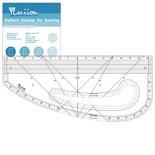 YLaziion 16" Imperial Acrylic Pattern Master Ruler, Clear 16THS Multi-Purpose French Curve Ruler, 45°& 60° Angle Lines, 3mm Non-Yellowing Hip Curve, Vary Form Curve Ruler for Sewing Pattern Making
