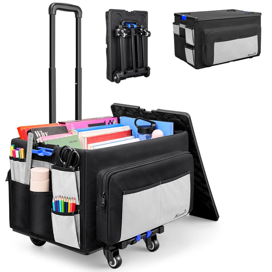 KEDSUM 2 in 1 Rolling Cart with Canvas Organizer Bag, 290LBS/70L Capacity Collapsible Teacher Rolling Cart with Lid for School, Craft, Office & Garden, Ideal for Teacher, Therapist & Crafter