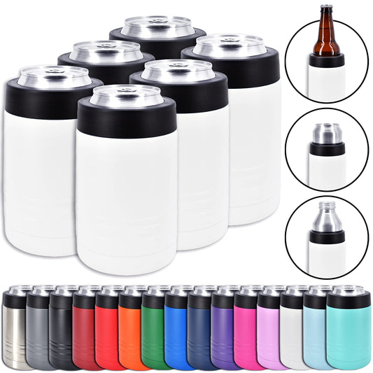 Clear Water Home Goods - 12 oz Stainless Steel Double Wall Vacuum Insulated Can or Bottle Beverage Cooler - Powder Coated White - 6 Pack