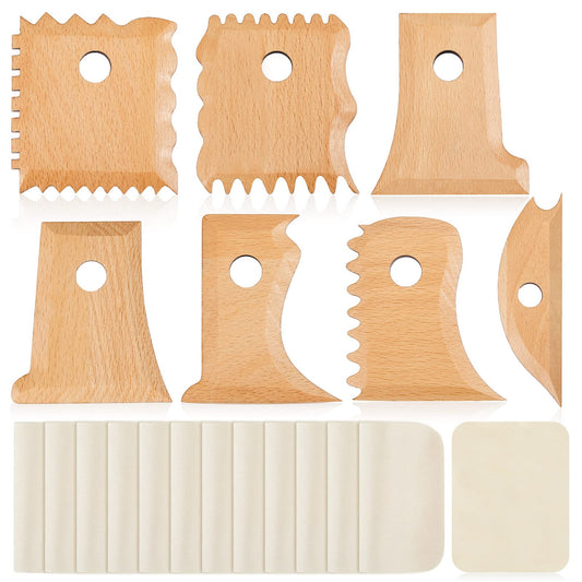 Amylove 27 Pcs Pottery Trimming Tools Set Pottery Ribs Ceramics Tools Foot Shaper with 20 Pcs Pre-Cut Chamois Cloth Wood Foot Rib for Carving Clay Molds Clay Texture Ceramics Supplies