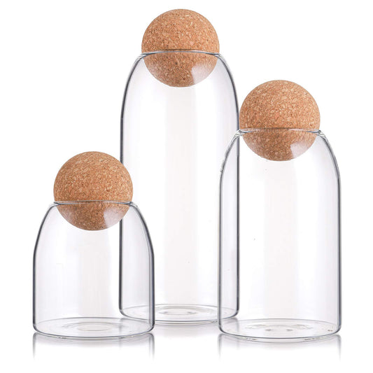 Suwimut 3 Pack Glass Storage Jar with Ball Cork Lid, Clear Glass Canisters with Cork Ball, Cute Decorative Round Glass Bottles with Airtight Wooden Lid for Spice, Sugar, Salt, Tea, Nuts, Coffee Beans