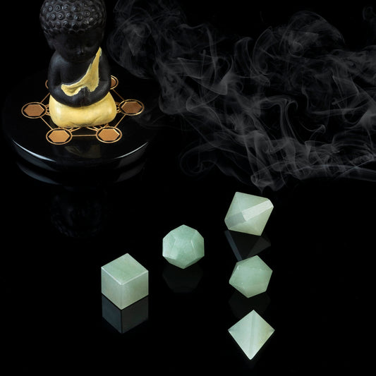 Green Jade Platonic Solids Sacred Geometry Crystal Set – 7 Pcs Carved Gemstone Shapes for Meditation, Reiki, Chakra Balancing Energy Healing | Spiritual Crystal Grid Stones Good Luck Gift (15–20 mm)