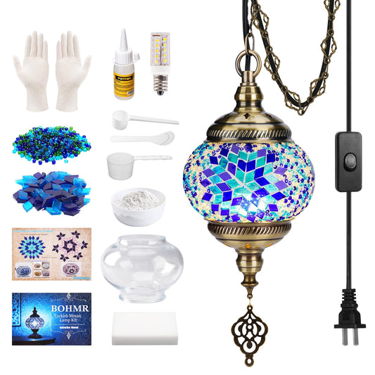 BOHMR DIY Turkish Mosaic Lamp Kit, 5.2"D Plug-in Stained Glass Pendant Hanging Lamp Making Kit with 15ft Cord-No Skills Needed,Mosaic Art & Craft Project Kits for Adults&Teens, Make Your Own Lamp,Blue