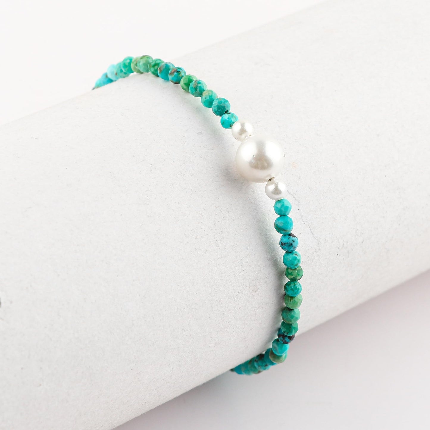 CRYSTALINES Genuine Turquoise Gemstone Bolo Bracelet, Cultured Pearl Beads Stones, Hypoallergenic Handmade Boho Jewelry for Women, Healing Crystals, Silver Chain 6+4inch, December Birthday Gift