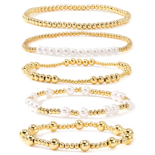 14K Gold Pearl Beaded Bracelet Stack for Women,Dainty Bohemian Stretch Gold Plated Ball Beads Non Tarnish Stackable Bracelets Fashion Holiday Party Jewelry Gift Friendship