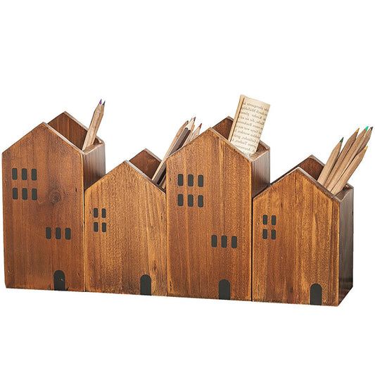 Woodaholic 4-piece Kids Wooden Study Desk Organizers - Whimsical Farmhouse Style Table Decor Storage Box for Teacher Supplies - Girls Room Pencil Holder for Desk - Art & Stationery Supplies Organizer