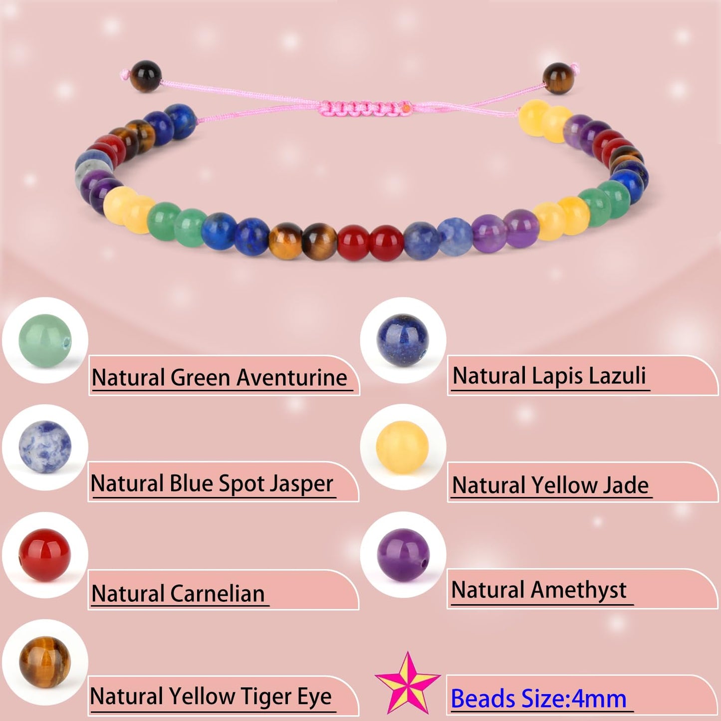 LPBeads 4mm Chakra Bracelet with Handmade Rope Bracelet Size Adjustable Natural Stone Crystal Healing Bracelets Gifts for Unisex Adults
