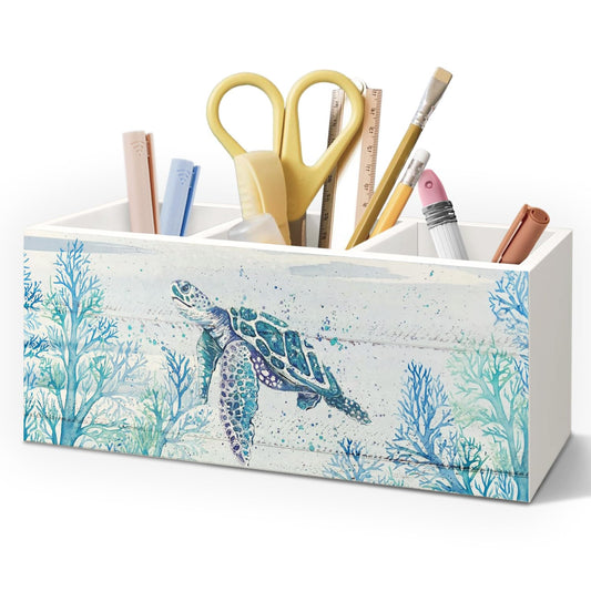 AQYIP Sea Turtle Coastal Pen Holder for Home Office Desk, Beach Office Decor, Beach Turtle Makeup Brush Toothbrush Holder Organizer for Bathroom Desk Accessories
