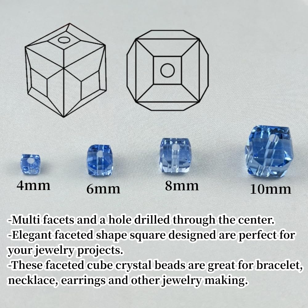 YUEXIGO 200pcs 4mm Cube Crystal Glass Beads for Jewelry Making Faceted Square Crystal Glass Bead Spacer Beads Loose Beads for Bracelet Earring Necklace DIY Craft(Light Blue)
