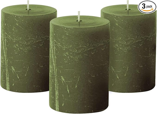 Simply Soson Rustic 2.75"x4"Dark Moss Green Pillar Candles Set of 3-Unscented Candles - Large Candle for Candle Holders-Velas Decorativas Green Candles Pillar Colored Candles Fall Pillar Candles Bulk