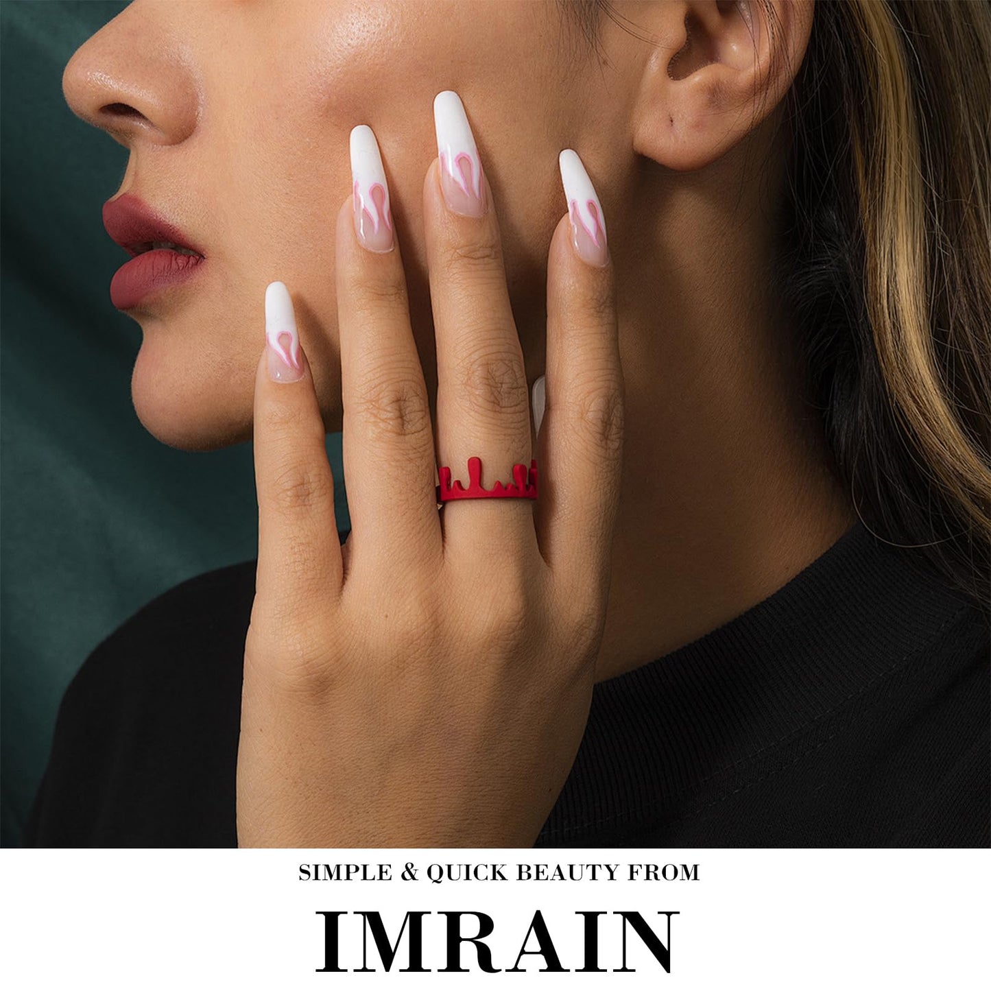 IMRAIN Press on Nails Medium Almond Fake Nails White French Tip False Nails with Hawaii Flower Designs Glossy Acrylic Reusable Summer Pink Stick on Nails for Women Nail Art