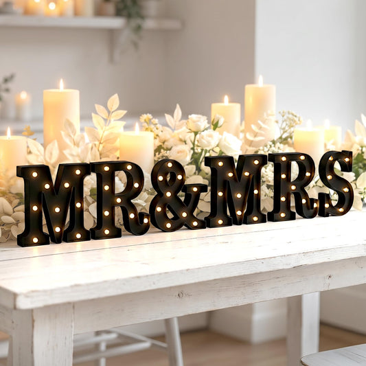 CDIXlmuz Mr & Mrs LED Light Up Letters, Mr & Mrs Sign for Wedding Table, Black LED Marquee Letter Lights Engagement Wedding Decoration, Photo Props, Valentine's Day Anniversary, Battery Operated
