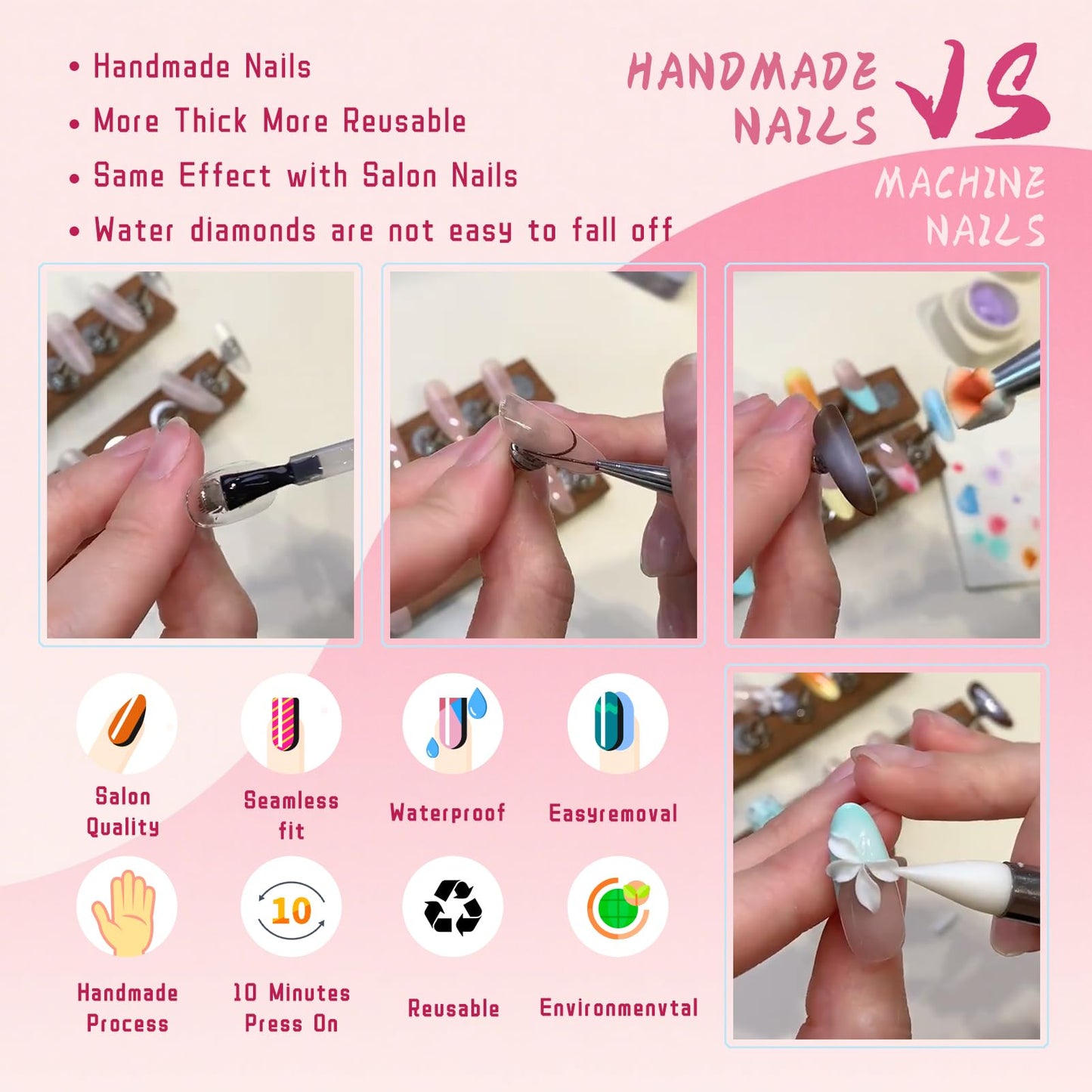 Vanpaga Handmade Stiletto Press on Nails Long Burgundy Glossy Gel Nails with 3D Flower Rhinestone Design, Reusable Stick on Fake Nails for Women (Size M)