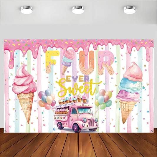 xuanflyF 4th 4th Ice Cream Birthday Party Decoration, Ice Cream Birthday Backdrop Banner, Four Ever Sweet Birthday