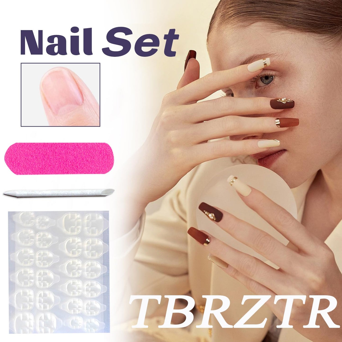 Press on Nails Short Square Artificial Acrylic Fingernails Nude Pink French False Nail Silver Nail Tip Design Fake Nail Full Cover Glossy Reusable Coffin Glue on Nails for Women