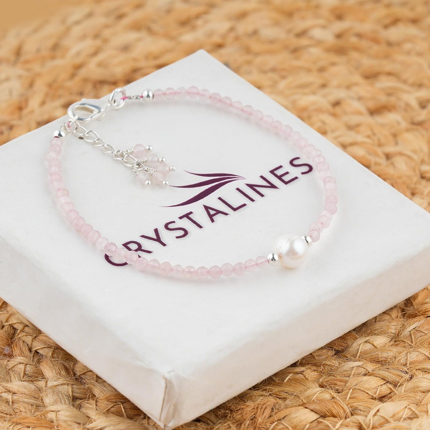 CRYSTALINES Natural Rose Quartz Gemstone Bracelet, Cultured Pearl Beads Stones, Handmade Hypoallergenic Bohemian Jewelry for Women, Healing Crystals, Adjustable Silver Plated 7+1inch Birthday Gift