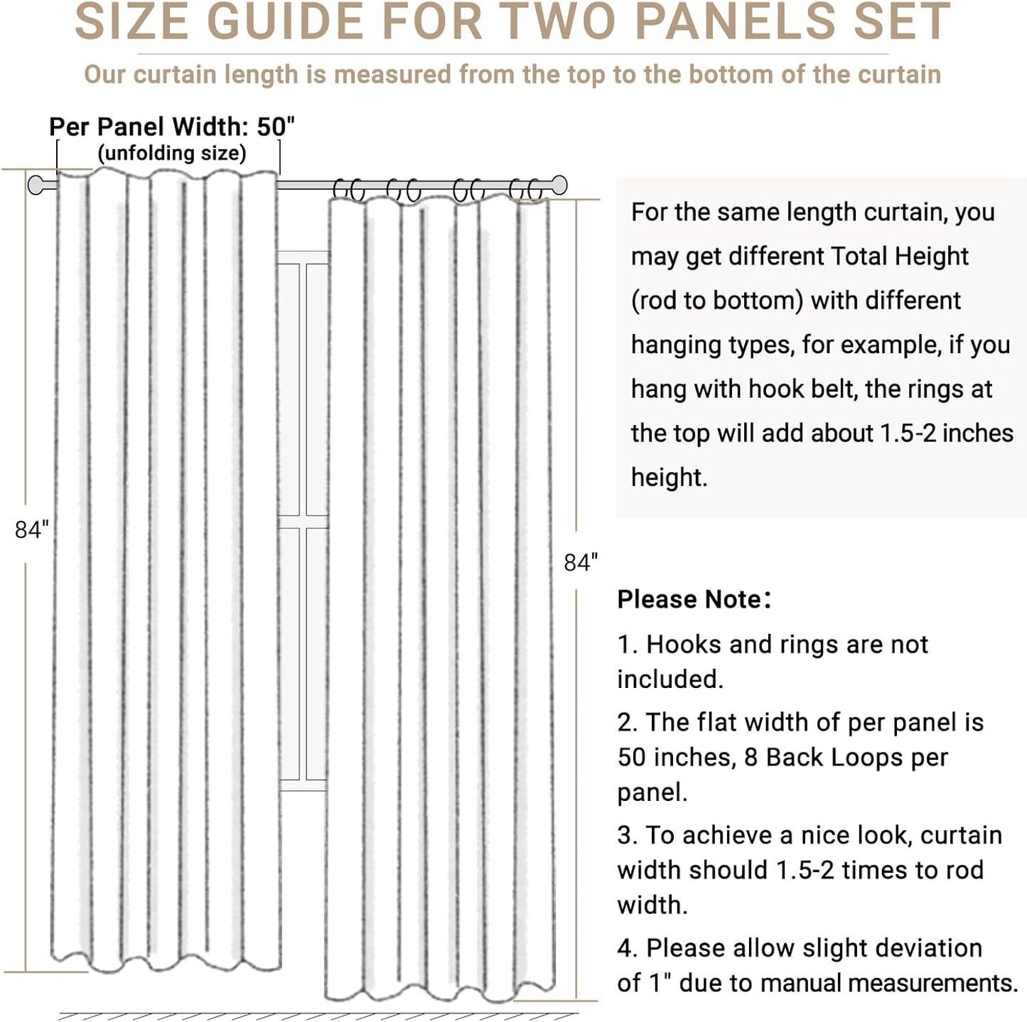 Skiennix 100% Blackout Linen Curtains - Thermal Insulated Drapes for Bedroom | 50" W x 84" L, Light Cream