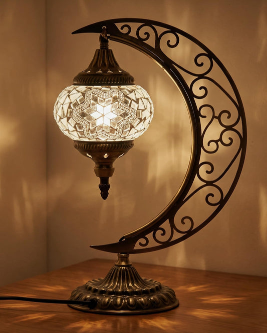 Baquler Turkish Mosaic Moon Lamp - Handmade Stained Glass Table Lamp with Metal Crescent Base, Bohemian Moroccan Bedside Night Light for Bedroom Living Room Decor, Unique Gift(Classic Style)