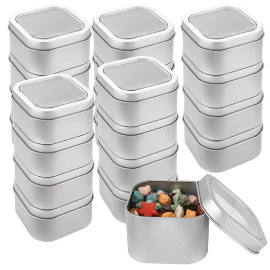 LDXDRU 20Pcs 8oz Metal Tin Cans, Square Empty Containers with Clear Top, Tin Containers With Lids for Candles Salve Cosmetic Candies Food Storage