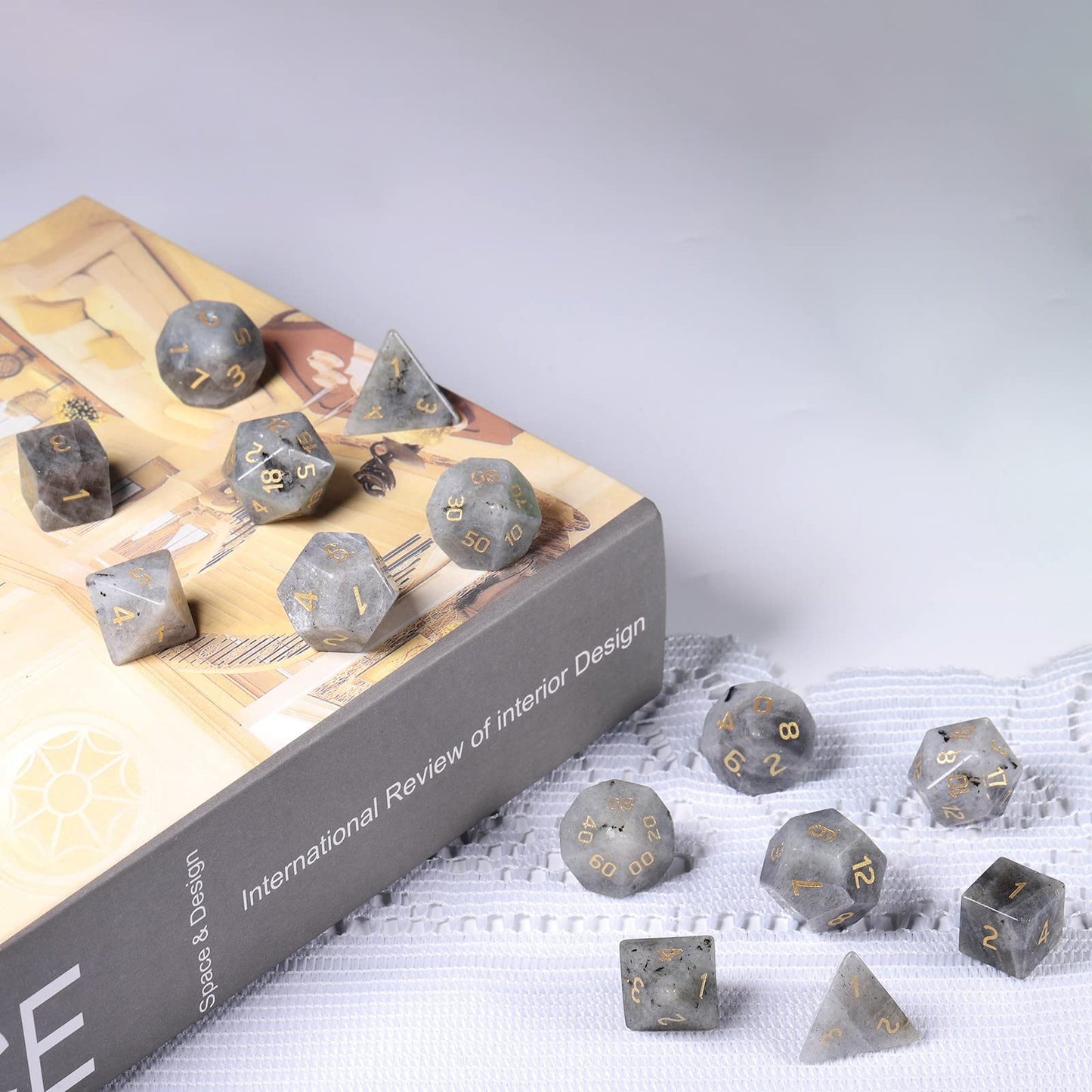 mookaitedecor 7 PCS Labradorite Crystal Polyhedral DND Dice Set, Polished Tumbled Stones Dices for RPG MTG Table Games Home Decoration