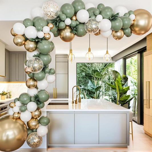 PartyWoo Sage Green Balloon Arch Kit - 152pcs Boho Balloons in Olive, Dusty Green, White & Gold for Baby Showers, Graduations & Birthdays