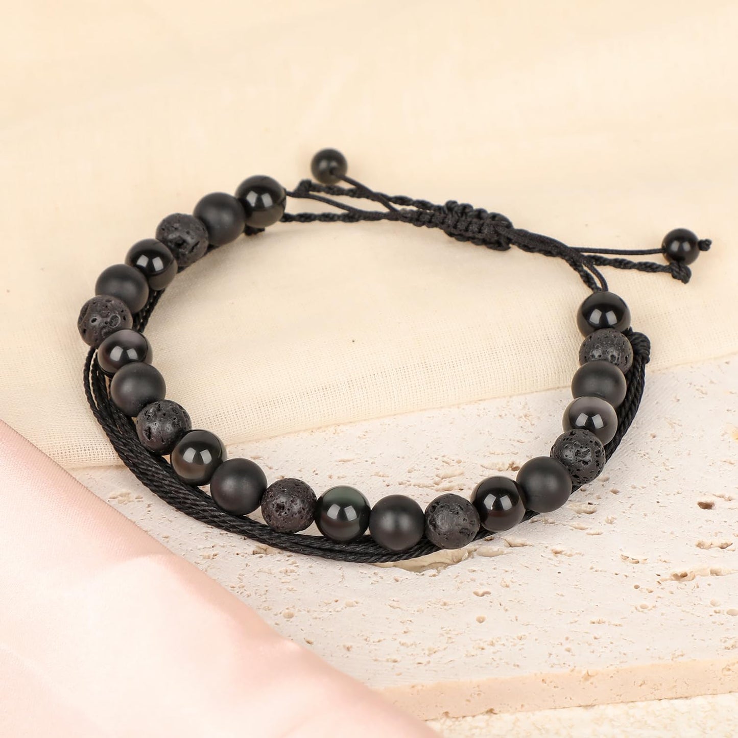 LPBeads 8mm Onyx Lava Obsidian Mixed stone Bracelet with Handmade Rope Bracelet Size Adjustable Natural Stone Crystal Healing Bracelets Gifts for Unisex Adults