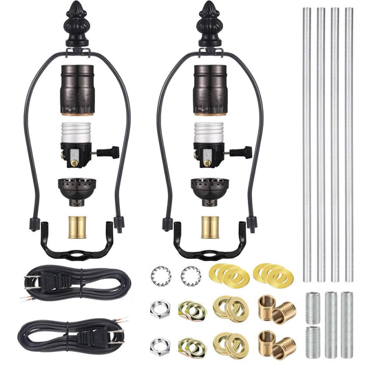 2 Sets Make-a-Lamp Kits - Table Repair or DIY Wiring Kits With 8'' Harp, 12'' Pipe, 3-Way Socket, 8 ft Cord, and All Hardware Parts for Creating DIY Antique Lamp Designs (Black)