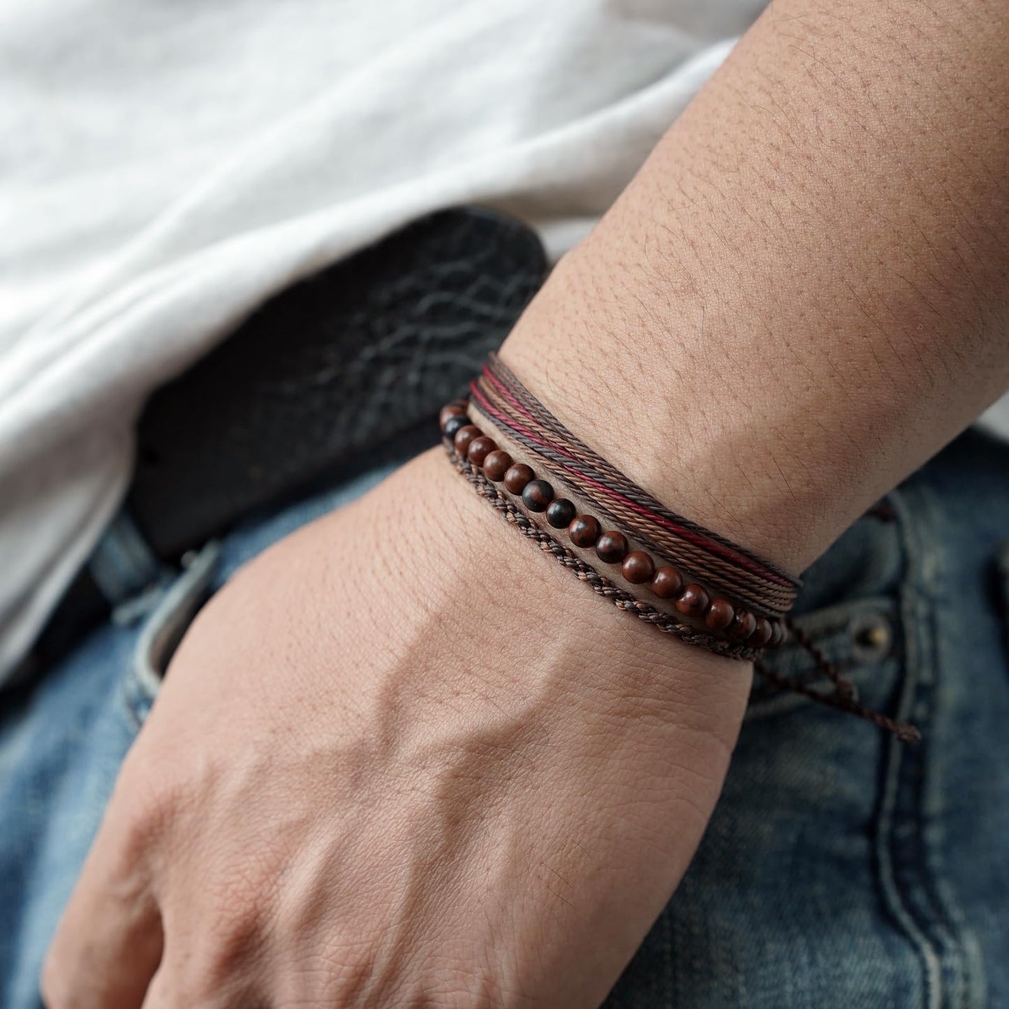 Handmade Natural Stone Beaded Healing Bracelet Gift for Men Adjustable Rope String Bracelet (Mahogany Obsidian, Adjustable)