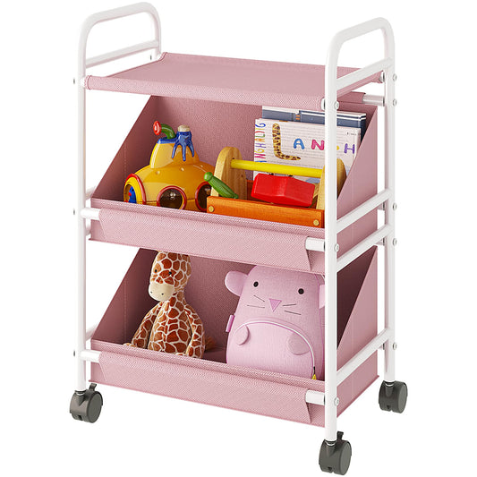 Buzowruil Utility Rolling Fabric Storage Rack Trolley Toy Cart Trolley with 2 Large Storage Boxes,Wheels, Suitable for Bedroom, Living Room, Entryway, Pink
