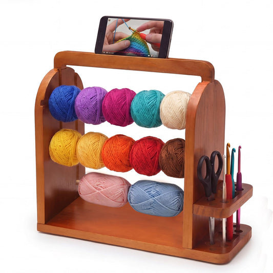 Upgraded Yarn Holder for Knitting and Crocheting, Wooden Yarn Storage Organizer with Tangle-Free 3 Rods, Phone Stand & Tool Holder, Works with Skein, Cake, Ball, Crochet Gift for Knitting Lovers