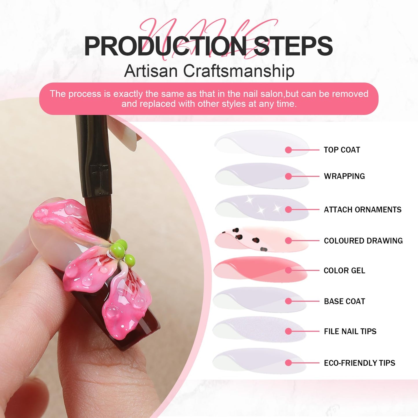 XGV Handmade Long Square Press on Nails, Handmade Art Fake Nail with Gradient Carving Flower, 3D Press on Nails for Party Wedding Salon