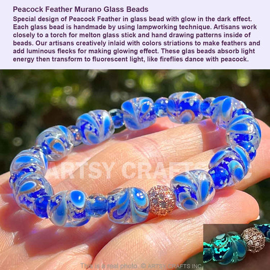 ARTSY CRAFTS INC Peacock Feather Glow in the Dark Firefly Bead Bracelet, Luminous Murano Jewelry Glowing Beaded Bracelet, Stretchy Wristband, Sapphire 6-7"
