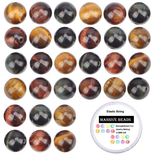 100Pcs Natural Crystal Beads Stone Gemstone Round Loose Energy Healing Beads with Free Crystal Stretch Cord for Jewelry Making (Multi-Color Tiger Eye3, 8MM)
