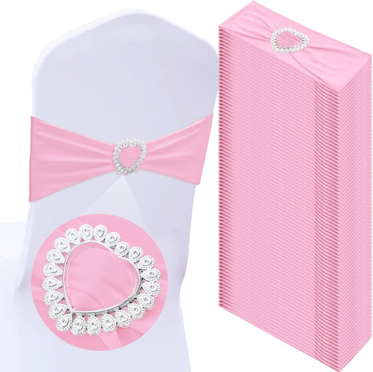 VitalCozy Spandex Chair Sashes - 50 Pcs with Heart-Shaped Buckle Slider | Universal Elastic Ties for Weddings & Events (Pink)