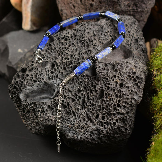 Casvia Men's Lapis Lazuli Chakra Protection Bracelet, Hematite Black Agate Beaded Bracelet, Stainless Steel Adjustable Mens Jewelry | Gift for Father Boyfriend Husband