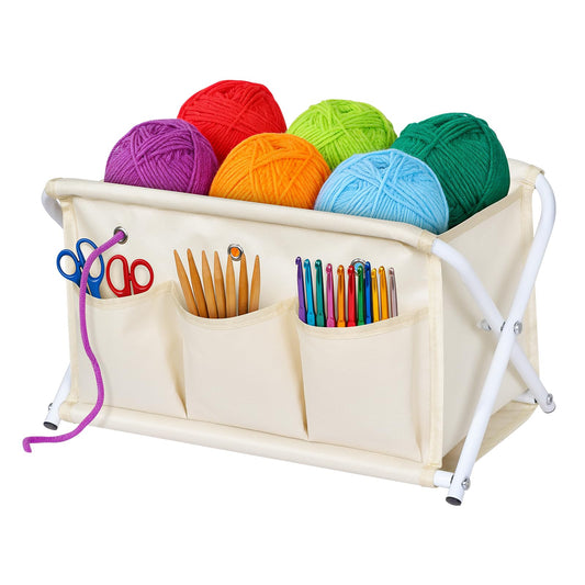 KEEGH Large Capacity Yarn Storage Organizer, Installation-Free Yarn Caddy with 3 Pockets Crochet Bag Organizer for Crochet Hooks, Knitting Needles, Accessories