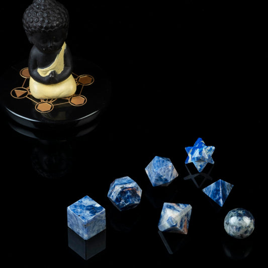 ZAICUS Sodalite 7 Pcs Platonic Solids Crystal Geometry Set, Platonic Solids Sacred Geometric Stones for Meditation Reiki Balancing Healing Chakra Stone Cleansing Spiritual Good Luck (15-20 mm)